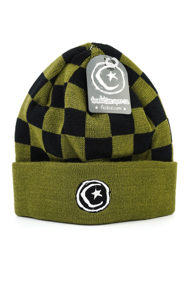 Čepice Foundation - Star & Moon Checker Cuff Beanie Olive/Black