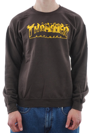 Thrasher x Antihero Crewneck Sweatshirt -Pigeon Mah (tmavá čokoláda)